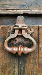 Vintage doorknocker close-up on weathered wooden door texture