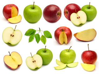Collection of red and green apples with leaf isolated on a white background. Creative idea fruit...