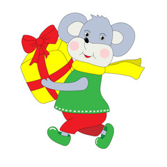 Obraz na płótnie Canvas Vector cute mouse carries a big gift box in his paws.