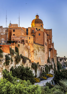 View of the Cathedral in the historic quarter of Cagliari (called Castello). Vertical photo. Cagliari, Sardinia, Italy.