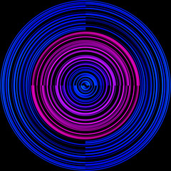 Abstraction with concentric colored circles of various frequencies isolated on a black background. Print. Fantastic picture of circular sectors of blue and purple with asymmetry.