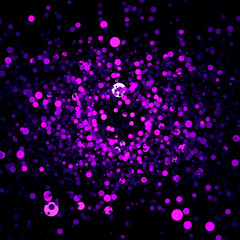 Beautiful cloud of small chaotic dots flying in a form of a circle on black background. Print. Colorful purple beautiful ring surrounded by small particles. - obrazy, fototapety, plakaty