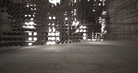 Abstract architectural concrete beige interior  from an array of brown spheres  with neon lighting. 3D illustration and rendering.