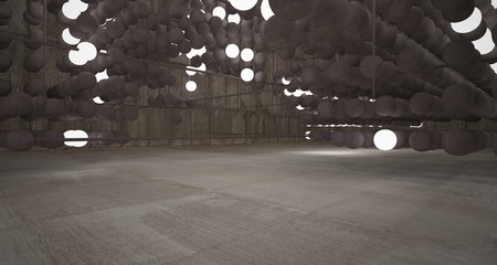 Abstract architectural concrete beige interior  from an array of brown spheres  with neon lighting. 3D illustration and rendering.