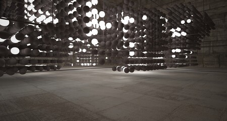 Abstract architectural concrete beige interior  from an array of brown spheres  with neon lighting. 3D illustration and rendering.
