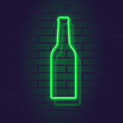 Neon bottle beer icon. Night illuminated wall street pub or bar sign. Square illustration on brick wall background.