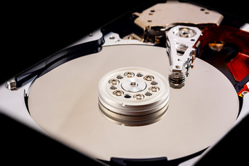 disassembled hard drive on white background, hdd, hard disk drive, close-up