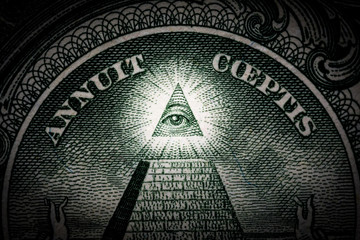 Pyramid macro close-up on a banknote of 1 US dollars. Detail of one dollar bill. - 303928045