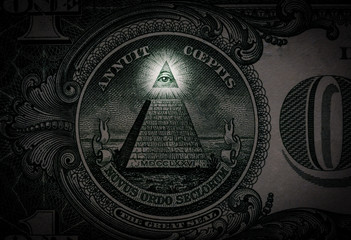 Pyramid macro close-up on a banknote of 1 US dollars. Detail of one dollar bill. - 303928069