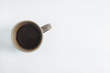 One cup of espresso coffee on the white background. Flat lay, copy space