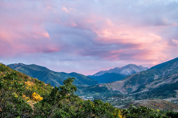 Aspen highlands in Colorado colorful purple pink blue twilight sunset rocky mountains roaring fork valley with autumn foliage
