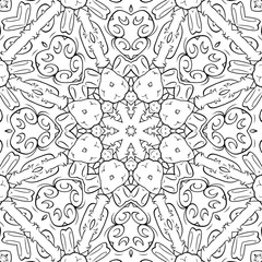 Seamless coloring page for kids and adults. Seamless pattern with many details. Symmetric ornament for coloring. Template for design work.