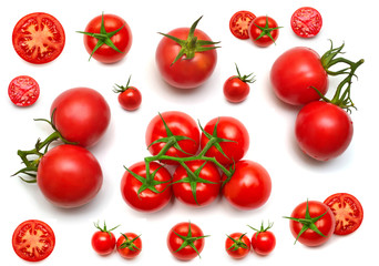 Tomatoes collection of whole and sliced isolated on white background. Tasty and healthy food. Flat...