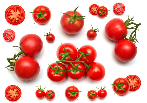 Tomatoes Collection Of Whole And Sliced Isolated On White Background. Tasty And Healthy Food. Flat Lay, Top View