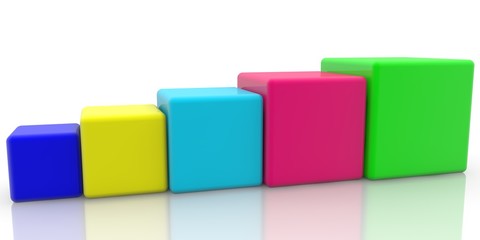 Cubes of different colors in one row from smaller to larger