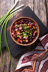 Assortment vegetable salad of Russian cuisine - vinaigrette - beet salad. top view