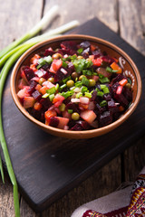 Assortment vegetable salad of Russian cuisine - vinaigrette - beet salad. top view