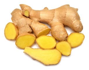 Fresh ginger root and slice isolated on white background. Creative medical concept, spice in...