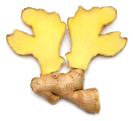 Fresh ginger root and slice isolated on white background. Creative medical concept, spice in...