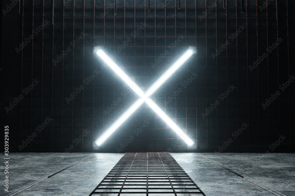 Poster 3d rendering of lighten x alphabet shape at rusty mesh and grunge wall