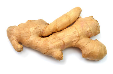 Fresh ginger root isolated on white background. Creative medical concept, spice in cooking. Flat lay, top view