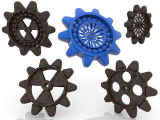 Blue plastic gear in the center between the old rusty gears
