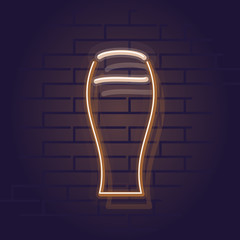 Neon stout beer icon. Night illuminated wall street pub or bar sign. Square illustration on brick wall background.