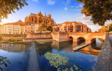 Panoramic morning view of bridge over Moselle river in Metz, France