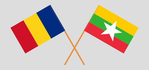 Crossed flags of Myanmar and Romania
