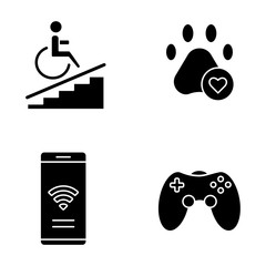 Apartment amenities glyph icons set. Wheelchair access, pets allowed, game room, free wifi. Property conveniences for renters. Residential services. Silhouette symbols. Vector isolated illustration