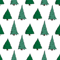 Pine Trees seamless pattern. Cartoon spruce forest isolated on a white background. Christmas design elements, doodle style.