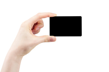 female hand holding card, business card, greeting, isolated on white background, studio shot, mockup, copyspace