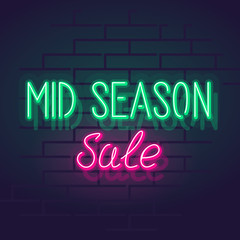 Mid season sale sign. Square line art style neon illustration on brick wall background.