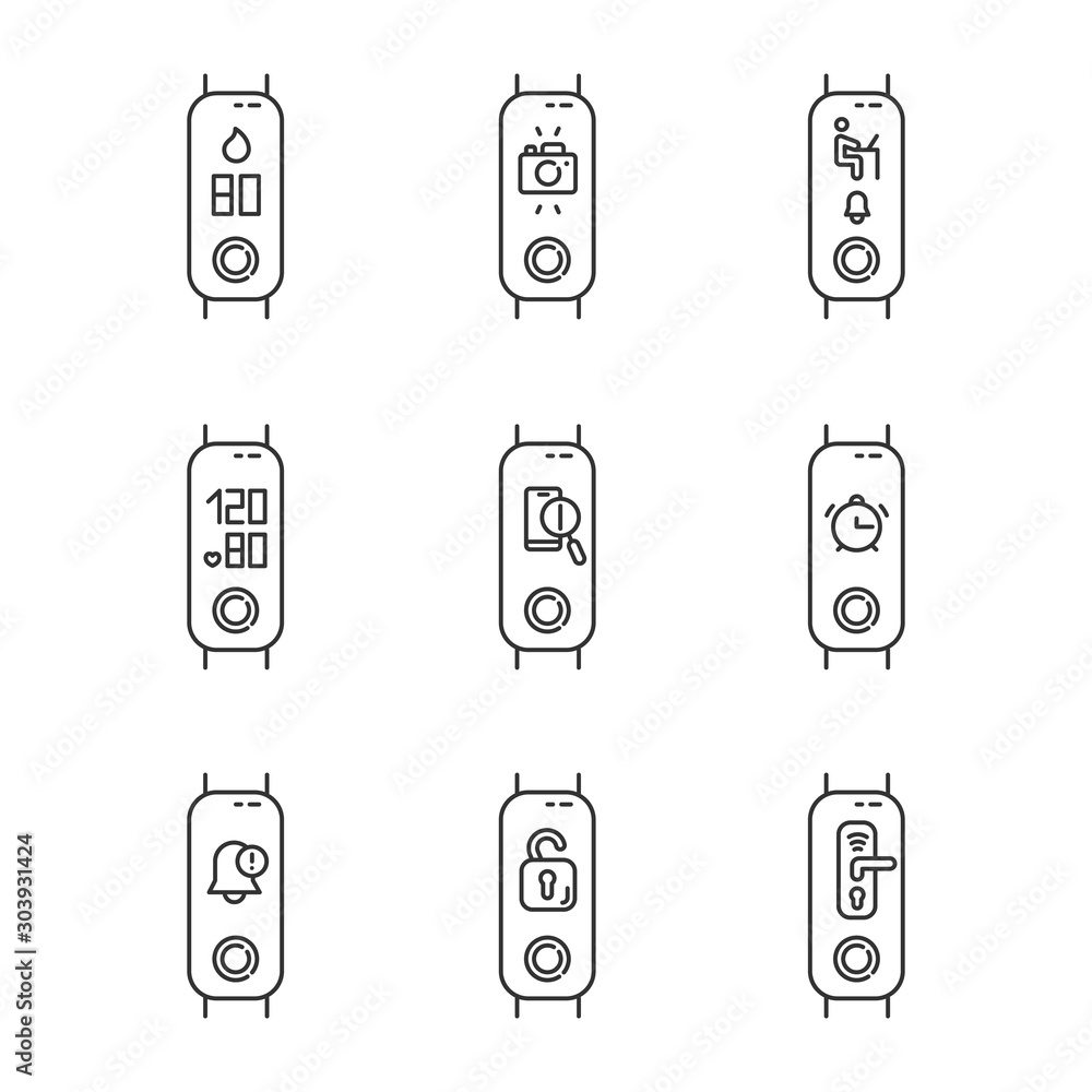 Poster fitness tracker options on display linear icons set. wellness gadget with lost phone finder, smart h