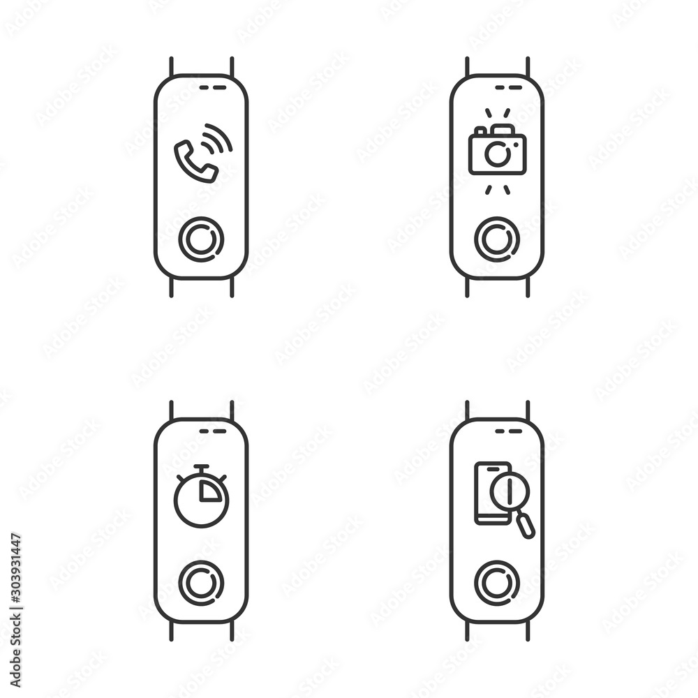 Poster fitness tracker and smartphone synchronization linear icons set. incoming call and lost phone option
