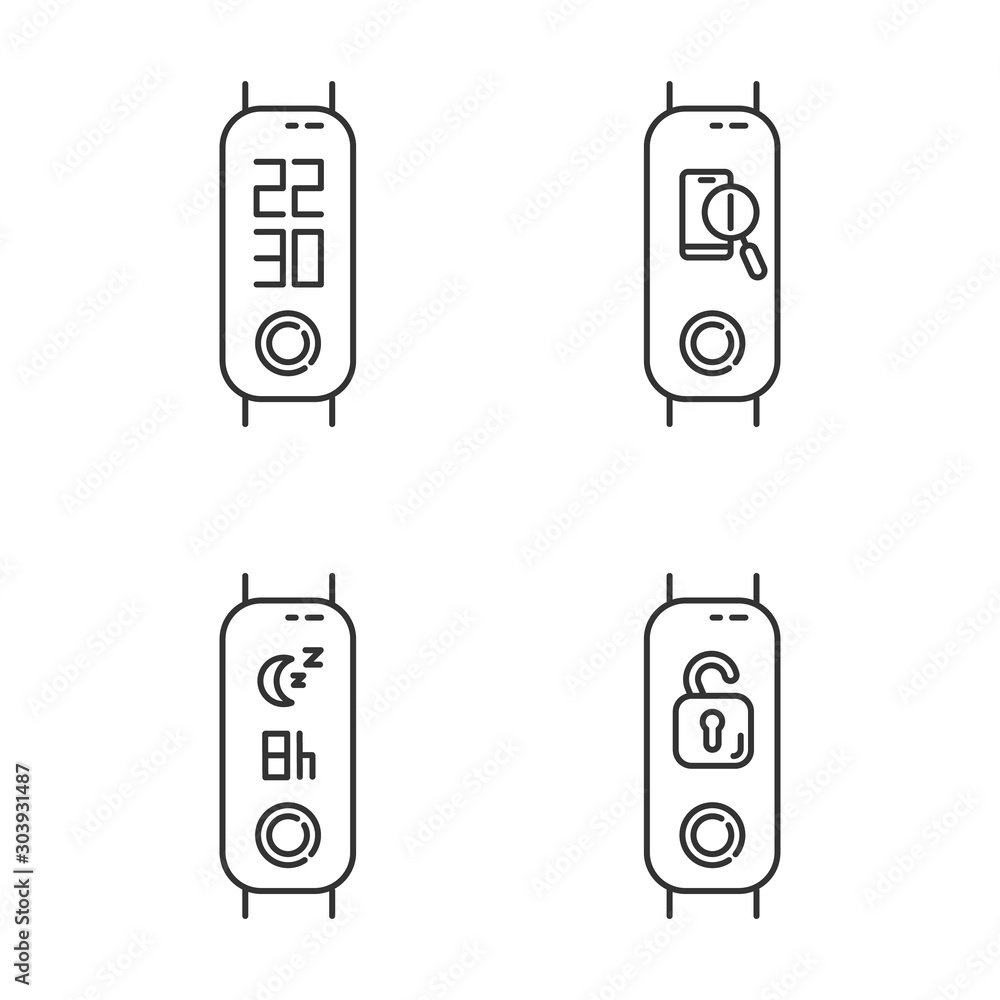 Poster fitness tracker with digital clock linear icons set. wellness device with lost smartphone finder, re