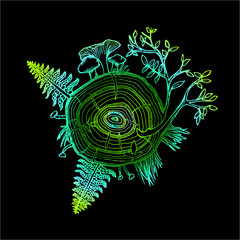Neon drawing of the forest set. Fern, tree, mushrooms, grass.