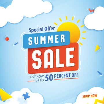 Summer sale 50 percent off promotion square website banner heading design on graphic blue sky & cloud fun background vector for banner or poster. Sale and Discounts Concept.