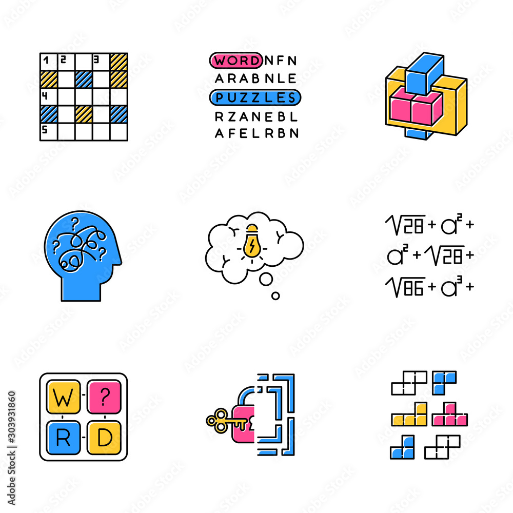Poster puzzles and riddles color icons set. construction, word puzzle. crossword. math problem. puzzled min