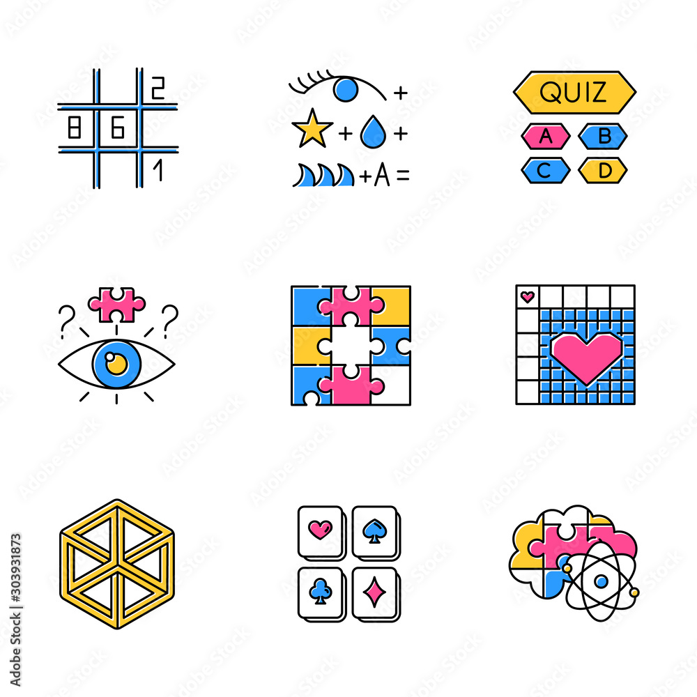 Poster puzzles and riddles color icons set. sudoku. trivia quiz. nonogram. optical illusion. jigsaw. logic 
