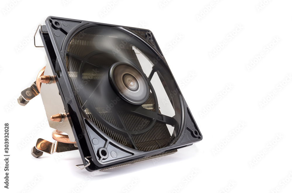 Poster computer cpu cooling system. fan and radiator isolated on white background