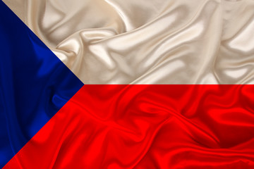 photo of the Czech Republic national flag on a luxurious texture of satin, silk with waves, folds and highlights, closeup, copy space, travel concept, economy and state policy, illustration
