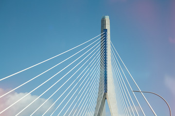 Close-up of cable-stayed bridge, view from below.