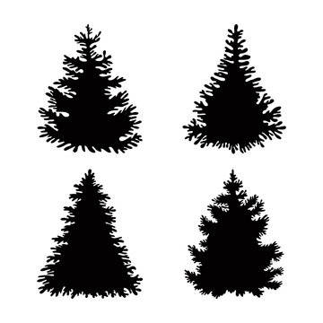 Set of black spruce in beautiful style on white background. Vector illustration isolated background. Vector nature illustration. Tree decoration. Decorative pine spruce tree. Silhouette symbol.
