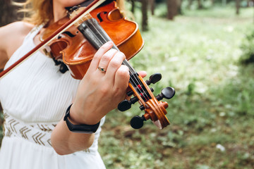 female musician performs at an outdoor wedding. Curl with the neck of the violin closeup. The actor performs at a party. musical instrument. Hands of a violinist close-up.