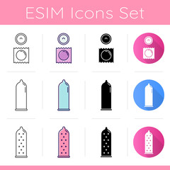 Condom icons set. Safe sex. Female latex reusable contraceptive with dots in package. Male preservative method. Flat design, linear, black and color styles. Isolated vector illustrations