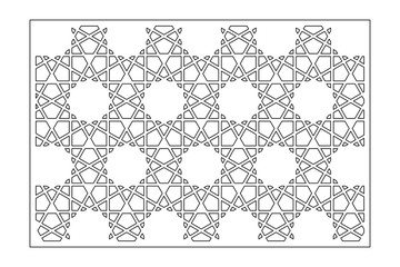 Decorative card for cutting. Arab linear geometric mosaic pattern. Laser cut. Ratio 3:2. Vector illustration.