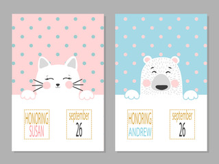 Set of Baby shower posters with cute animals. Newborn announcement cards vector illustration.