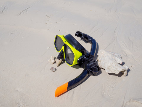Snorkel on white sand beach background, Enjoy snorkeling Tour on your holidays