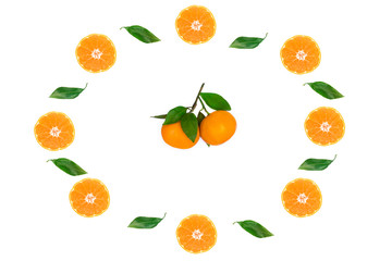 Set, composition, still life of orange ripe tangerines, tangerine branch with leaves isolated on white background. Citrus fruits vitamin C concept. Healthy vegan or vegetarian fresh natural food, diet